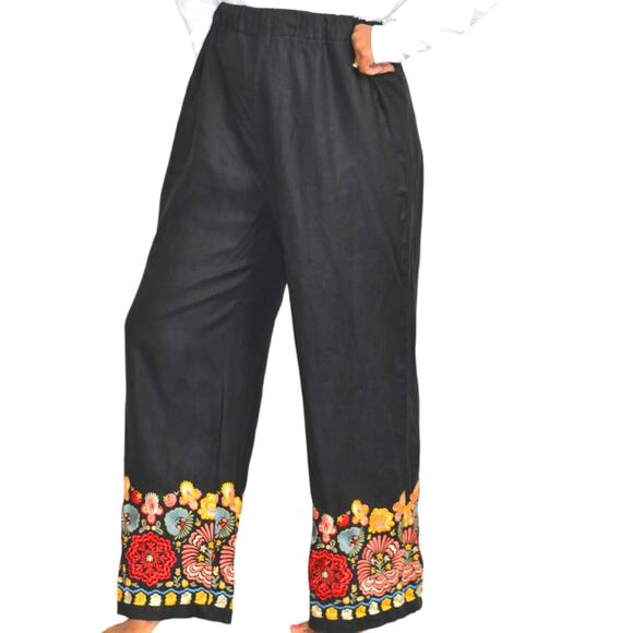 Black Linen Pant Embroidery Border Hem Floral Elastic High Waist Straight Medium - Picture 1 of 14